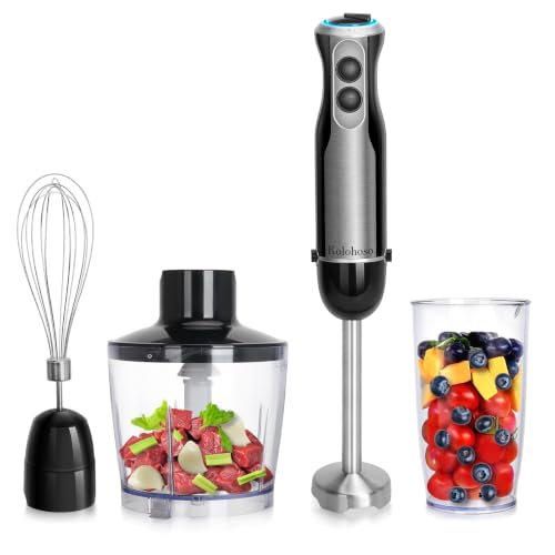 Kolohoso 1500W Hand Blender, 4 in 1 Professional Multifunctional Mixer with 20 Speeds and Turbo, 304 Stainless Steel, Whisk, Chopper 500 ml and Measuring Cup 600 ml, for Smoothie Soups Sauces, BPA Free