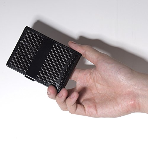 Carbon Fibre Card Case - Slim Money Clip Card Holder ManChDa RFID Blocking Mens Front Pocket Wallet (2. Fold Black With Money Clip & Chain)