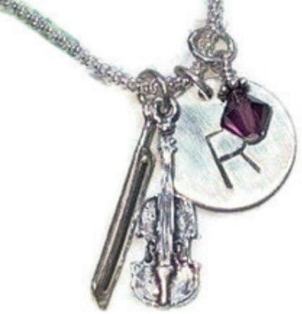 Violin Hand Stamped Sterling Silver Initial Charm Necklace