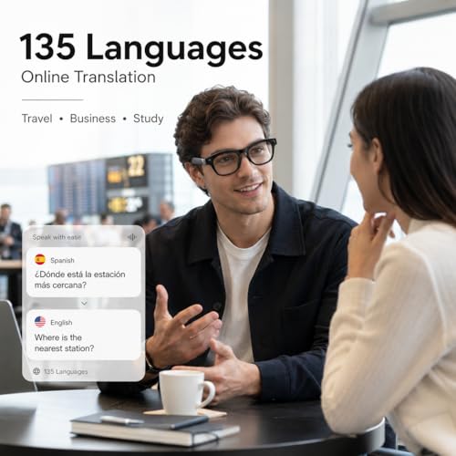TEFIRE AI Wearable Smart Glasses, 135-Language Translator Sunglasses with Voice Assistant, Open-Ear Audio, Auto-Tint UV Lenses, 8MP Visual Capture for Travel and Work