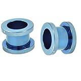 Pair (2) Light Blue Titanium Screw Fit Ear Plugs Anodized Tunnels Gauges- 00G 10MM