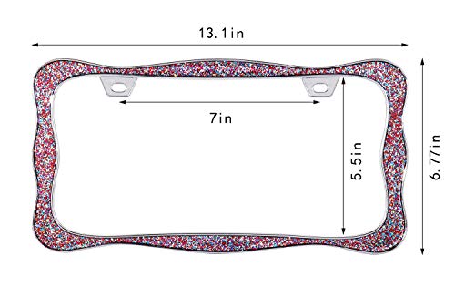 Creathome 3D Shining License Plate Frame, Chrome with Mix Shining Colorful Chunky Gliter, Pure Zinc Alloy Metal