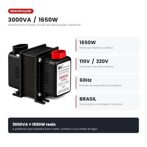 Autotransformador Bivolt 3000VA (1650W) – Conversor de Voltagem 110V/127V para 220V e 220V para 110V – Transformador para Ar-Condicionado, Lavadora, Geladeira e Eletrodomésticos – Proteção Térmica