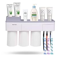 Aiamo Toothbrush Holders Wall Mount, Punch-Free Bathroom Storage Box, with Dust Cover | 6 Toothbrush Slots | Mobile Phone Holder | Locker | Magnetic Cup (Gray 3 Cups)