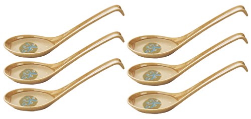 Happy Sales Melamine Soba, Rice Spoons, Asian Chinese Won Ton Soup Spoon, Green Abstract Design, 6 Pack Hook Style