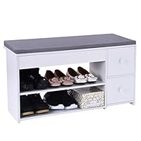 US Fast Shipment Quaanti 2 Tier Shoe Rack Foot Stool with Cushion,Shoes Bench Entryway Storage Shoe Rack Storage Organizer,Foot Stool with Storage Drawer for Bedroom Living Room Hallway (Warm White)