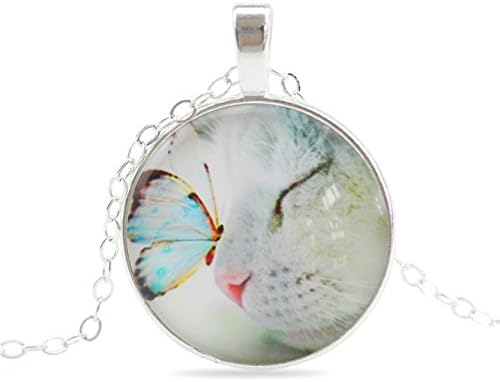Classic Glass Cabochon Necklace Pendants Cat And Butterfly Pattern Silver Color Nacklace