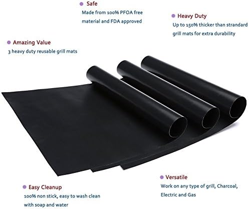 BBQ GRILLING MATS NON STICK Set of 3 Reusable 16" x 13" Large Dishwasher Safe, FDA Approved, Easy to Clean Cooking Mats. BEST GRILL MATS for Barbecue, Outdoor &amp; Oven Use. PFOA Free