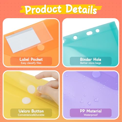 MOWETOO 24 Pieces A4 Document Bags, A4 Document Folder for Filing, 11 Hole Document Pockets, Zipper and Label Pocket, Document Organizer Folders (6