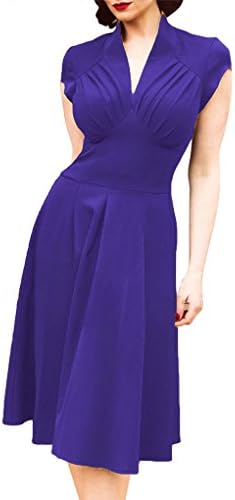 PARICI Womens Elegant Dress Deep V Neck Sexy Hepburm 1950S Vintage Swing Dress,Blue,Large(USA Size:8-10)
