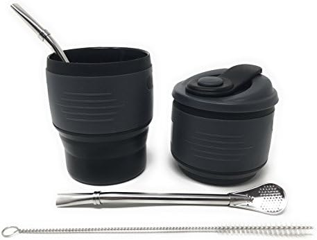 Yerba Mate Expandable Silicone Gourd and (2) Stainless Steel Bombilla Metal Straws for Mate Loose Leaf Tea Ball Herbal Infusions (1) Cleaning Brush Medical Grade BPA Free 2 tone(Black)