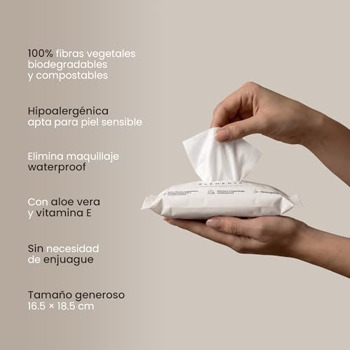 Elementa Toallitas Desmaquillantes, Toallitas Húmedas para Desmaquillar Ojos y Rostro, con Aloe Vera y Vitamina E, Hipoalergénicas, Biodegradables | 50 Toallitas (2 paquetes de 25)