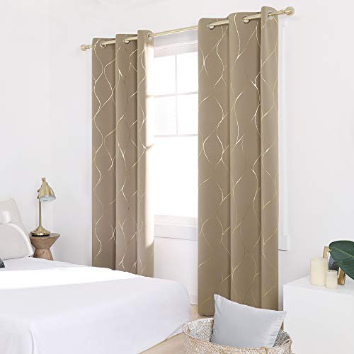 Deconovo Blackout Curtains 84 Inches Long Gold Wave Foil Print