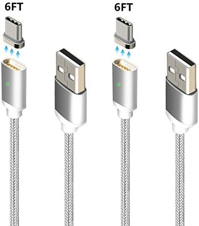 Magnetic Type C USB Charger Cable, 6FT Nylon Braided Cable Synchronous Data Transfer LED Indicator Adapter for Samsung Galaxy S8/S8+,LG G5/G6,Google Nexus 5X/6P and More (2Pack 6FT)