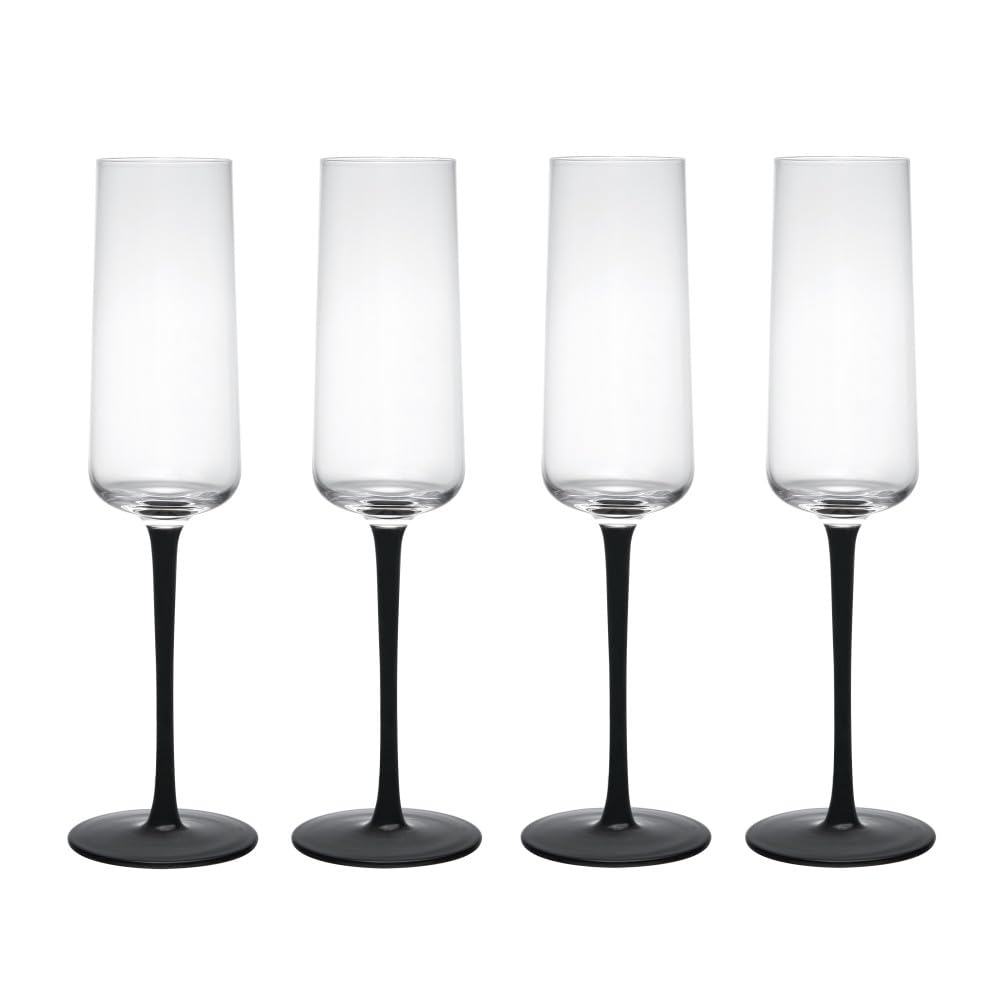 MIKASA Palermo Crystal Champagne Flutes Set of 4, 250ml, Champagne Glass Set with Black Stems | 100% Lead-Free Crystal - Gift Boxed & Dishwasher Safe