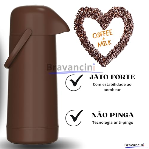 Garrafa Térmica Pump Marrom 1L Café Bomba Pressão 12h Quentes 24h Frio Água Chá Casa Mágic Escritório Consultorio