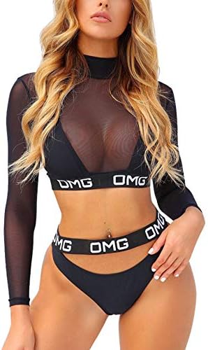 3-Pieces Women OMG Letter Print Swimsuit High Neck Long Sleeve Mesh Crop Tops+Triangle High Cut Bikini Sets