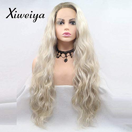 xiweiya Long blonde wavy curly wig water wave blonde hair middle part Synthetic Lace Front Wigs For Women with heat resistant fiber hair replacement wig half hand tied 24 Inch