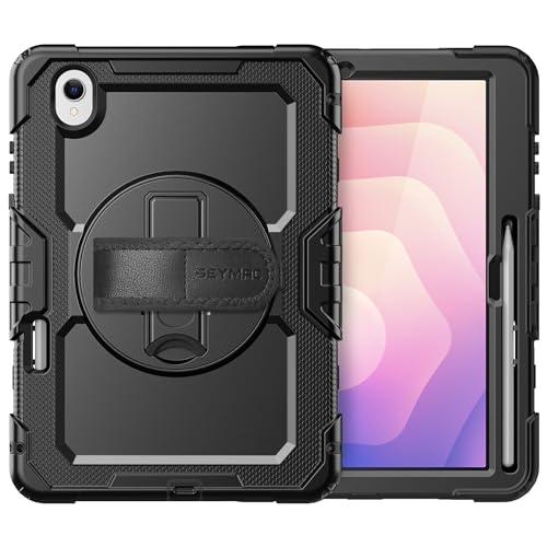 SEYMAC Case for Samsung Galaxy Tab S11 2025 11 Inch SM-X730/SM-X736B, Tablet Case with 360° Rotating Strap and Stand, Pen Holder, Protective Film, Shoulder Strap, Black