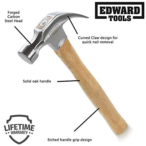 Edward Tools Oak Claw Hammer 16 oz Heavy Duty All Purpose Hammer
