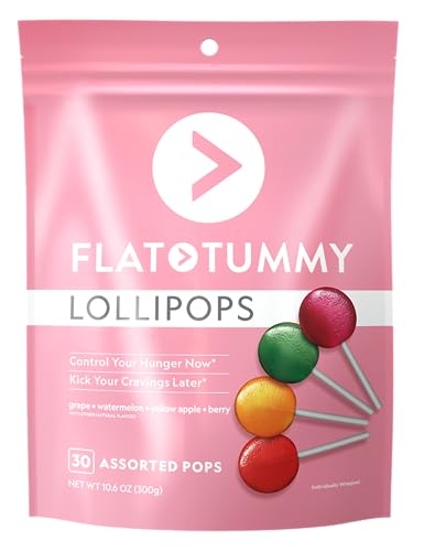 FLAT TUMMY LOLLIPOPS, PACK OF 30 – CRUSH CRAVINGS AND AVOID UNWANTED CALORIES – APPLE, GRAPE, WATERMELON & BERRY – DELICIOUS LOW CALORIE DIET CANDY – CLINICALLY PROVEN INGREDIENT