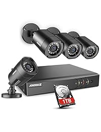 ANNKE Sistema de 8 canales para cámara de seguridad, 5 en 1, 1080P Lite, H.264+ DVR, con disco duro de vigilancia de 1 TB y (4) 1280TVL, 1,0 MP, resistente a la intemperie, cámaras HD-TVI con LED de visión nocturna con infrarrojos, alerta de   electrónico