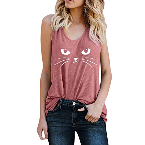 POQOQ Tops T Shirt Women Basic Vest Cat Print Sleeveless Loose Round Neck Tank Top XXL B-Pink