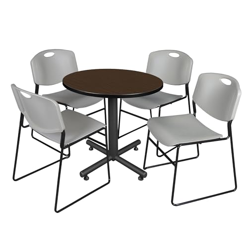 Regency Kobe 30" Round Breakroom Table- Neo Walnut & 4 Zeng Stack Chairs- Grey