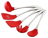 Essential Home & Kitchen Stainless Steel Silicone Kitchen Utensils Cooking Set, Perfect for use with any Cookware 5-Pieces (Teflon and Ceramic), Silicone Ended (Red)