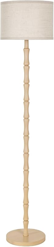 Boho Stehlampe aus Eiche Holz mit Beige Stoffschirm