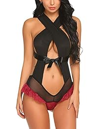 Women Deep V Backless Teddy Lingerie Halter Lace Bodysuit