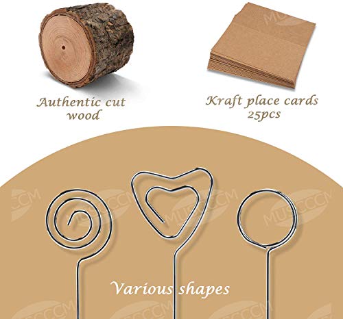 MUSCCCM Rustic Wood Place Card Holder, Photo Picture Note Clips with Swirl Wire Wooden Table Number Stands & 25 pcs Kraft Place Cards Bulk ï¼ŒBest Choice for Wedding Home Party Table Number Name Label