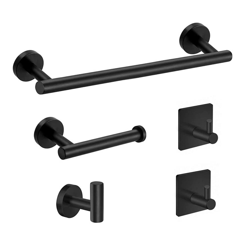 Brushed Nickel 5 Pieces Wall Mounted Stainless Steel Bathroom Towel Bar Towel Holder Toilet Paper Holder Hooks Bathroom Accessories Set (Matt Black)