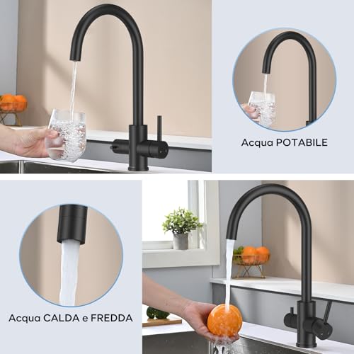 DETBOM 3 Way Kitchen Sink Tap for Osmosis Systems, 3 in 1 Double Lever Drinking Water, Hot and Cold, 360° Swivel, Stainless Steel, Matt Black
