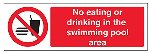 V Safety No Eating Or Drinking In The Swimming Pool Area Prohibition Sign - 300mm x 100mm - Self Adhesive Vinyl