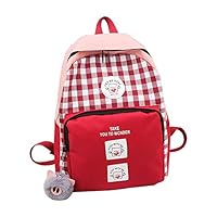 Korean Style College Plaid Backpack Cute Pig Pattern Daily Daypack Laptop Backpacks for Teenagers (Red)