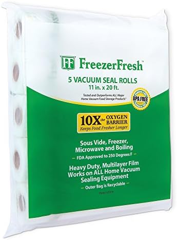 5 Pack – Freezer Fresh 11" x 20' Commercial Grade Vacuum Sealer Rolls. Food Storage Rolls Compatible with FoodSaver, Sous Vide and more