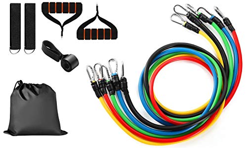 Resistance Bands Set for Workout Bands, Full Kit of Exercise Bands, 11 Piece Includes Door Anchor, Handles, Carrying Bag, and Ankle Straps.