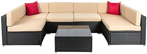 OAKVILLE FURNITURE Luxury Modern 7 Piece Outdoor Patio Garden Furniture Wicker Rattan Sectional Sofa Conversation Set, Black Wicker, Beige Cushion