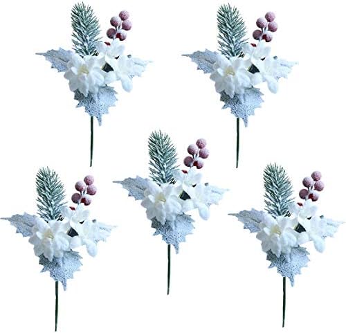 MUFEN Artificial Frosted Pine Branches Twig Snow Covered Berries and Pick Christmas Halloween/Thanksgiving Decoration Holiday Table Supplies Decor (White Lily)