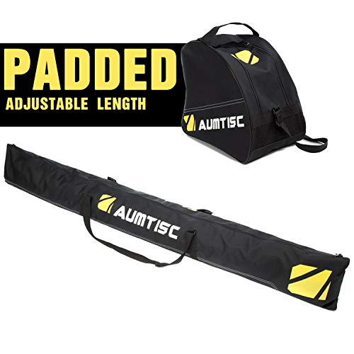 AUMTISC Ski Bag Padded 2 Piece Ski and Boot Bag Combo for 1 Pair of Ski Boots Adjustable Length Ski Bag Up to 200cm (Black)