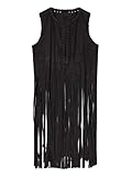 Persun Women's Black Faux Suede Hole Tasseled Hem Collarless Waistcoat