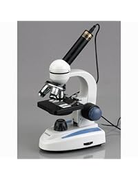 AmScope M158C E microscopio monocular compuesto, oculares de WF10x y WF25x, aumento de 40x 1000x, campo brillante, iluminación led, etapa Plana, 110 voltios, incluye cámara de 0.3 megapíxeles y software