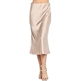 Women Solid High Waist Silky Casual Elastic Satin Midi Skirt -Made in USA (Available in Plus Size)