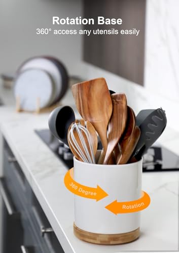 360° Rotating Utensil Holder, 7.2" Large White Ceramic Cooking Utensil Crock, Countertop-Protection Cork Bottom, Ideal for Farmhouse Kitchen Decor, White