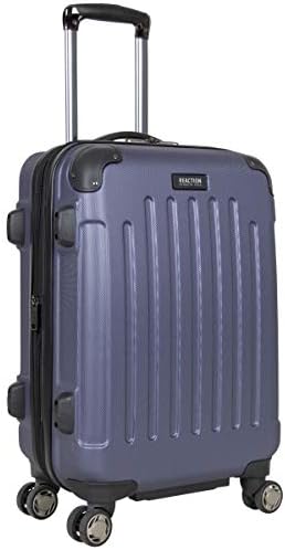 Black suitcase with retractable handle, four wheels, and multiple compartments, displaying dimensions and weight information.