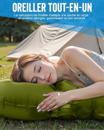 Hingue Matelas Gonflable 2 Personnes Camping, Matelas Camping 2 Personnes Autogonflant avec Pompe à Pied et Oreillers Intégrés, Matelas Trekking Imperméable Compact pour Tente,Randonnée- Vert Armée