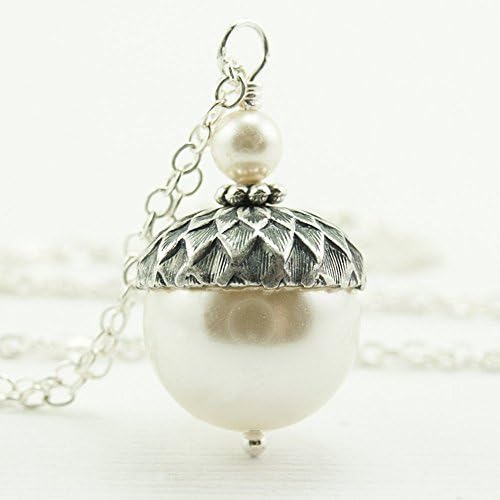 Acorn Pendant Necklace, Cream Colored Simulated Pearls from Swarovski, Sterling Silver Chain 18"