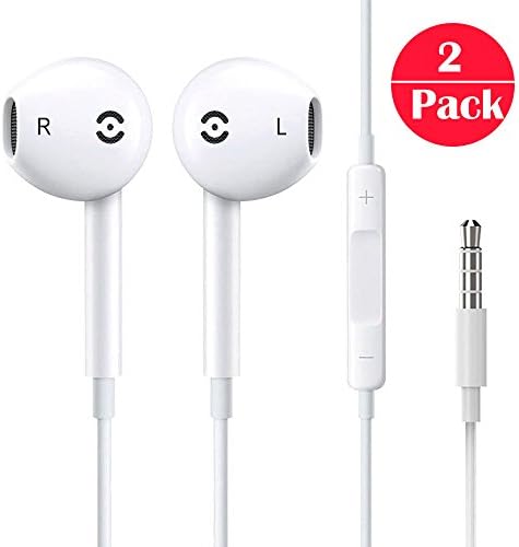 Earphones, [2 Pack] iPhone Earbuds Stereo Earphones with Microphone Headphones with Mic and Remote Control for Apple iPhone 6s 6 Plus 5s 5 5c 4s 4 SE (2 Pairs-White)
