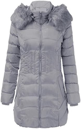 Anxinke Women Fashion Autumn Winter Warm Long Sleeve Zipper Slim Fit Long Jackets Coat With Fur Hood (Gray, 4XL)